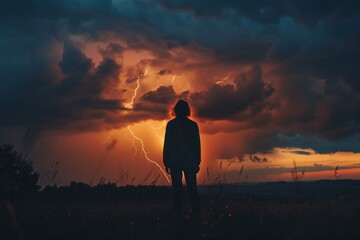 Photo breathtaking moment person electrifying glow lightning silhouette etched stormy sky atmospheric weather dramatic courageous awe power intensity 02 - obrazy, fototapety, plakaty
