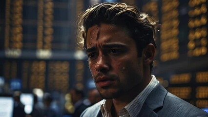 Man trader works at night at the computer against the background of monitors with charts of the stock exchange. Stocks, futures, options, bitcoin on the screen. The concept of financial investments	 - Powered by Adobe