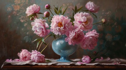 Lush pink peonies arranged beautifully on a light surface, their full blooms offering a vibrant and romantic display