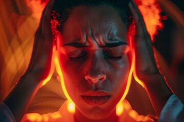 Person massaging their temples due to a tension headache, warm lighting, discomfort 01