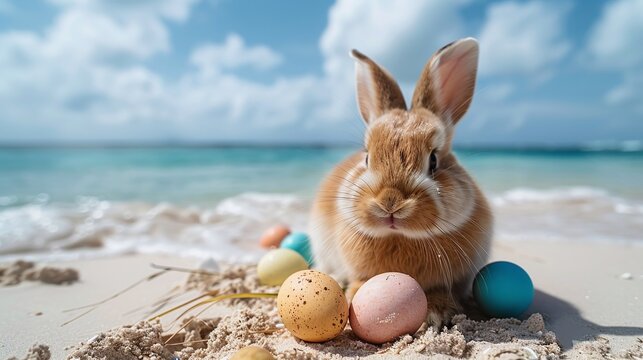easter bunny with pastel easter eggs on a sandy beach capturing the spirit of spring celebration
