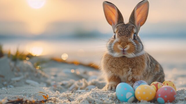 easter bunny with bright colored eggs on the beach for a spring holiday celebration outdoors
