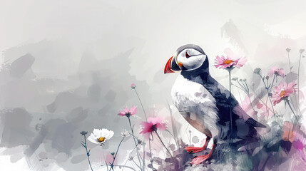 watercolor illustration of a puffin among pink and white wildflowers