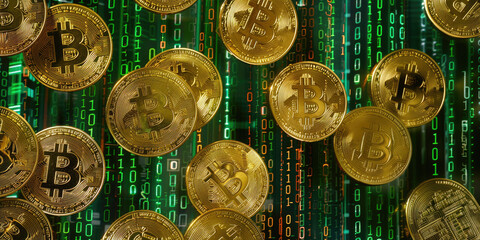 Many golden Bitcoins coins vertically on  background of stock market mining figures. Green matrix background. Cryptocurrency