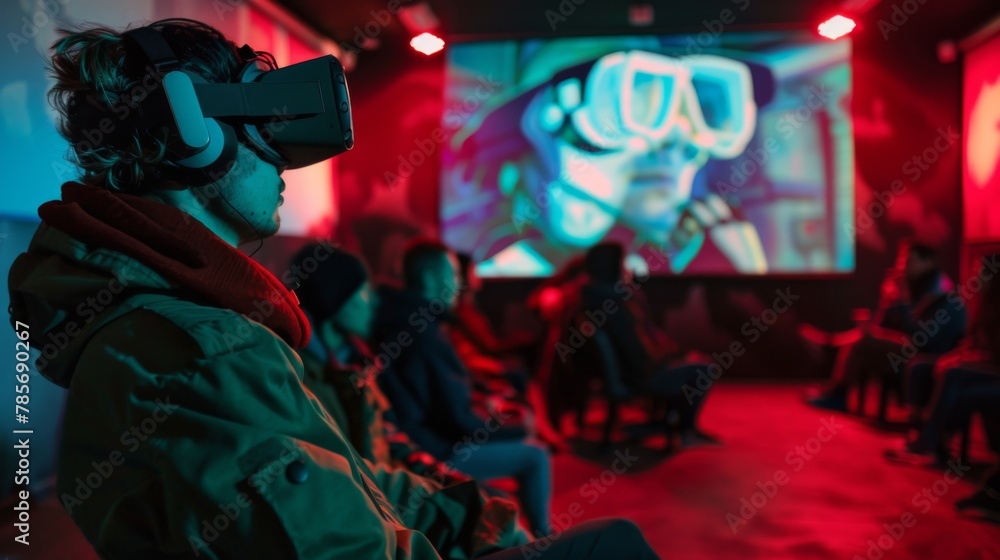 Poster group of people sitting in front of projector screen