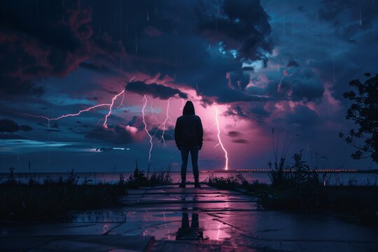 Intense photo person under lightning storm atmospheric dramatic moment fear awe 01