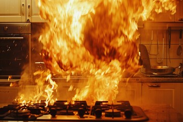 Intense close-up modern kitchen ablaze fire flames raging inferno 04 - obrazy, fototapety, plakaty