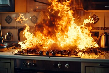 Intense close-up modern kitchen ablaze fire flames raging inferno 05