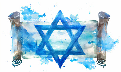 Old torah scroll with Star of David isolated on white background. Judaism religious symbol. Bible exodus torah. Happy Passover celebration, Yom Kippur, Purim. Watercolor illustration