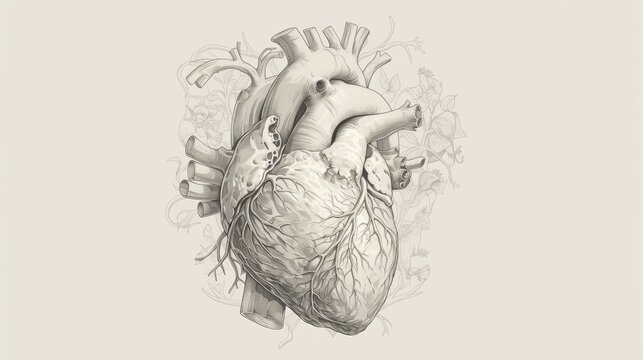 Continuous Line Art Depicting Anatomy of a Human Heart with Cats in Boho Style Generative AI