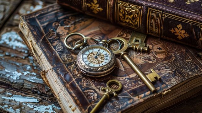 A vintage grunge-themed still life featuring a pocket watch, an old book, and brass keys, evoking nostalgia