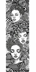 Intricate monochrome illustration featuring three stylized African women with expressive hairstyles and patterned backgrounds.