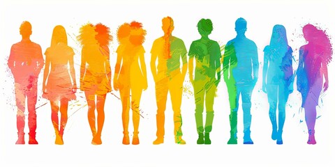 Vibrant silhouette rainbow line-up of diverse people, equality and inclusivity concept, vivid colors on white background.