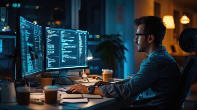 A software developer works on code late into the night, illuminated by the glow of multiple computer screens in a modern office. AIG41