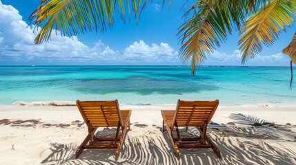 Idyllic tropical beach scene with two wooden lounge chairs, palm tree shade, white sand, and turquoise ocean under blue sky, vacation concept. Copy space.