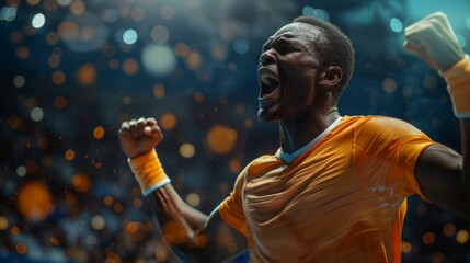 Triumphant African American athlete celebrating victory in orange jersey, blurred confetti background, sports success theme, vibrant colors, dynamic motion.