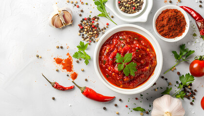 Bowl of tasty chipotle sauce and spices on light background