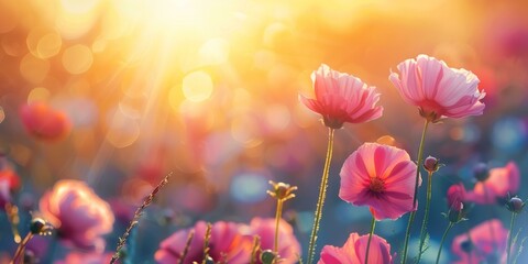 Sunlit vibrant pink cosmos flowers in full bloom during golden hour, suggestive of springtime,...