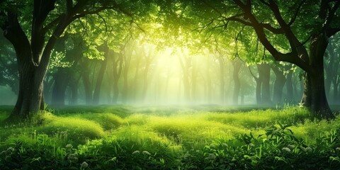 Obraz premium Enchanting sun rays piercing through vibrant green forest canopy, creating serene atmosphere suggestive of magical themes, nature backgrounds, or springtime. Copy space.