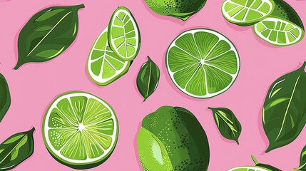 seamless green limes pattern on pink background, hand painting style - obrazy, fototapety, plakaty
