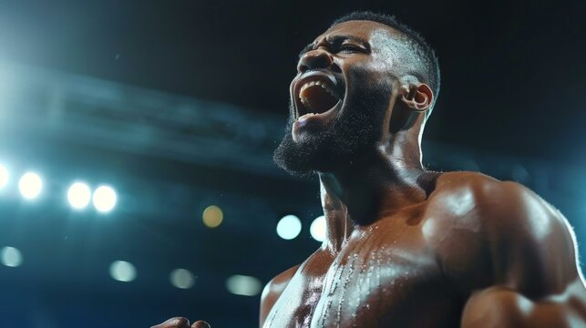 Euphoric African American athlete celebrating victory, showcasing muscular physique under bright lights, suitable for sports and motivational themes. Copy space.