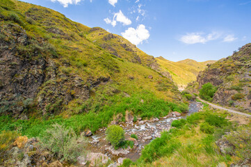 Fototapeta na wymiar Enjoy the serene beauty of natural landscapes. See how the river gracefully flows through the rocky canyon. Immerse yourself in the heart of majestic mountain landscapes.