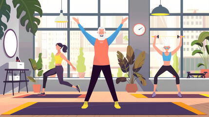 Obraz premium Illustration of elderly people doing yoga, Generative AI