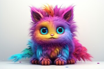 A fluffy multi-colored monster with blue eyes sits on a white surface. It has pink, purple, yellow and green fur.
