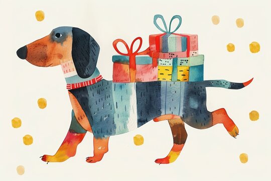 Dachshund Carrying Colorful Gift Boxes Watercolor Illustration Generative AI