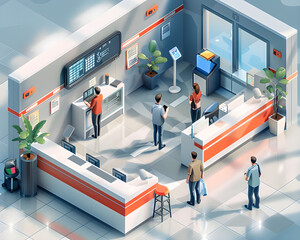 An isometric illustration showing a booking schedule with people characters, representing the concept of time management and productivity in a business setting. - obrazy, fototapety, plakaty