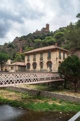 House and ruins of the medieval castle of Lastours, in the south of France in Cathar country - 785692428