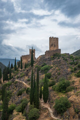 Ruins of the medieval castle of Lastours, in the Cathar region of southern France - 785692435