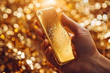 Close-up shot joyful person clutching golden cellphone hand opulent device luxury lifestyle 02