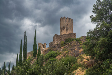 Ruins of the medieval castle of Lastours, in the Cathar region of southern France - 785692444