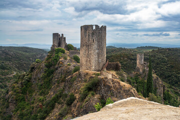 Ruins of the medieval castle of Lastours, in the Cathar region of southern France - 785692456