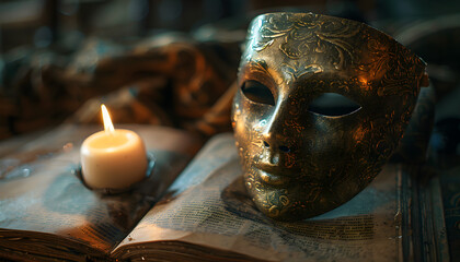 Dark still life with theatrical elements: a mask in front of a large book with a lit candle, celebrating world theater day