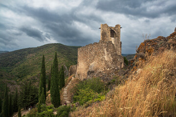 Ruins of the medieval castle of Lastours, in the Cathar region of southern France - 785692474