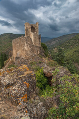 Ruins of the medieval castle of Lastours, in the Cathar region of southern France - 785692483