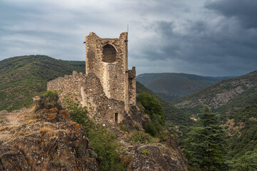 Ruins of the medieval castle of Lastours, in the Cathar region of southern France - 785692498