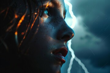 Close-up person lightning storm expression awe reverence raw power nature atmospheric weather dramatic courage resilience facing intense 02