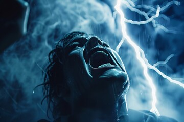 Close-up person shocked lightning storm intense emotion fear awe atmospheric dramatic 03