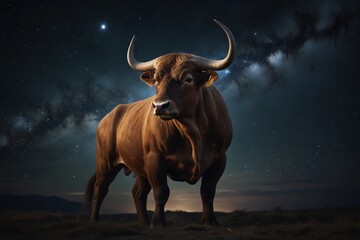 "Celestial Taurus, crown of stars, commanding cosmos, unwavering determination, cosmic manifestation, regal aura." A Digital Artwork .ar.3:2.