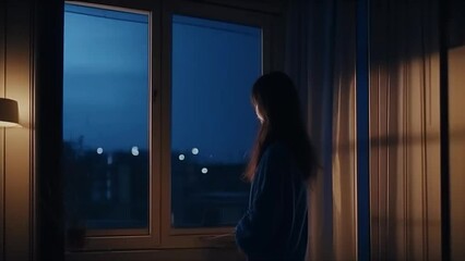 Animation of a girl at the window at sunset. lo-fi music background. Anime style