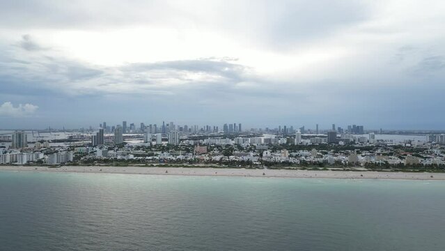 Aerial view on beach in Miami Beach. Paradise. South Pointe Park and Pier. Top view on South Miami Beach. Ocean drive, Collins avenue.