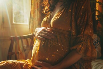 Close-up of a serene pregnant woman, soft golden light, hands cradling her belly with tenderness - obrazy, fototapety, plakaty