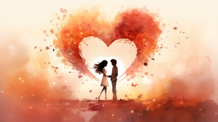 A man and a woman stand in front of a heart made of wings. They look at each other and hold hands. The background is a mixture of orange, pink and white. Valentine's Day.