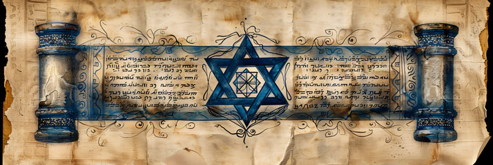 Old torah scroll with Star of David isolated on white background. Judaism religious symbol. Bible exodus torah. Happy Passover celebration, Yom Kippur, Purim