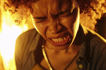Close-up of a person grimacing with a stomach ache, warm lighting, intense discomfort 01
