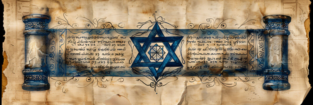 Old torah scroll with Star of David isolated on white background. Judaism religious symbol. Bible exodus torah. Happy Passover celebration, Yom Kippur, Purim