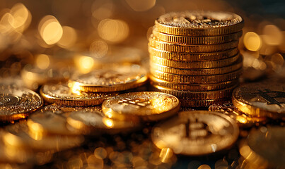 stacked of gold coin and bitcoin saving or finance concept